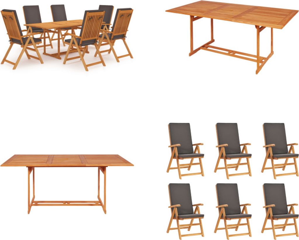 vidaXL 7 tlg. Garten Essgruppe mit Kissen Massivholz Teak Grau - Garten-Essgruppe - Garten-Essgruppen - Gartenmöbel-Set - Gartenmöbel-Sets