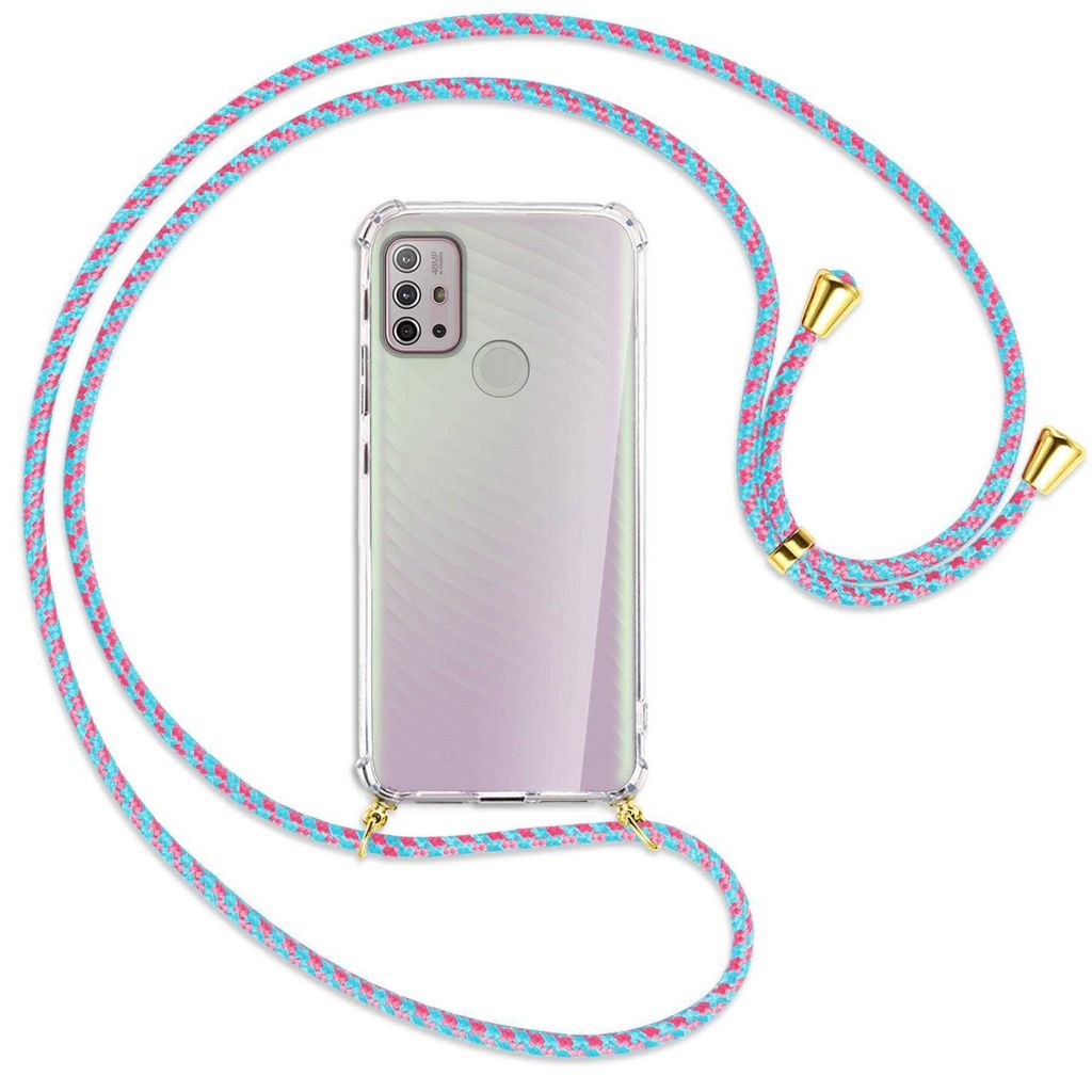 Handykette Backcover-Schutzhülle mit Band (Metall goldfarben) für Motorola Moto G10 (Power), G20, G30 - pink/mint