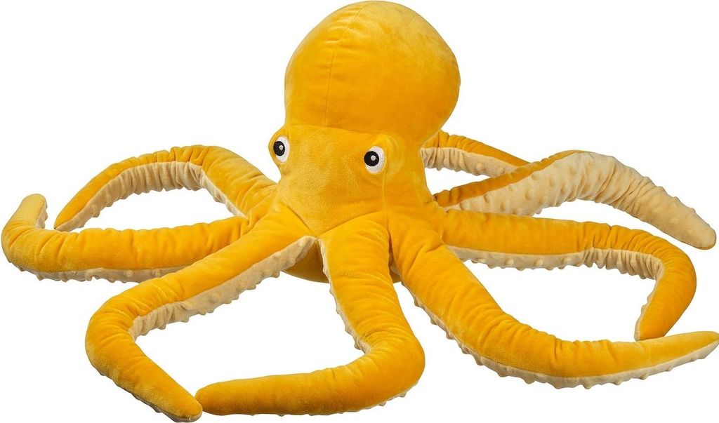 A yellow plush octopus toy is shown against a white background.