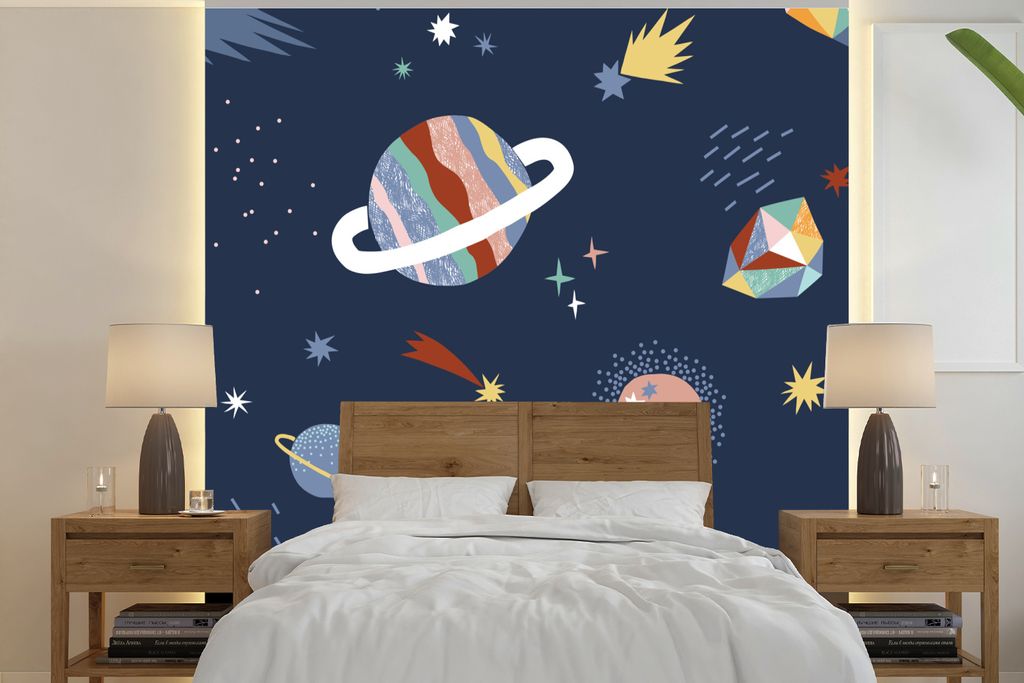 MuchoWow Fototapete für Wohnzimmer oder Schlafzimmer Wandtapete Vinyl Motivtapete Kinder - Weltraum - Sterne - 220x220 cm - Tapeten
