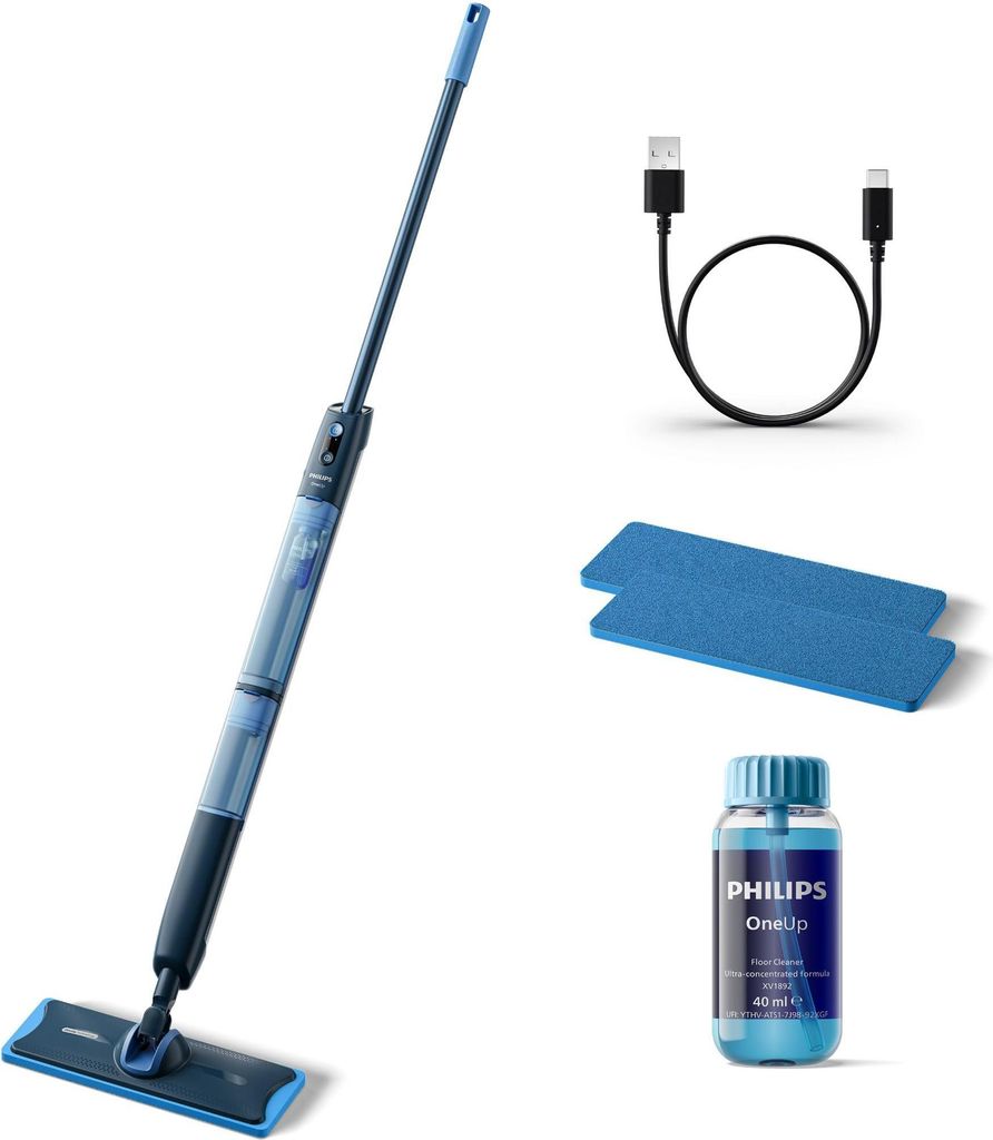 A collection of items for a Philips electric mop, including the mop itself, a charging cable, two cleaning pads, and a bottle of cleaning solution.