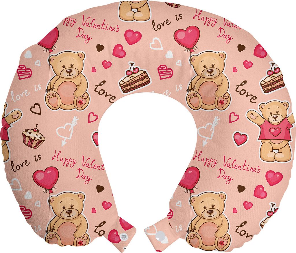 ABAKUHAUS Valentines Reisekissen Nackenkissen, Bär Kuchen Ballon, Schaumstoff Reiseartikel für Flugzeug und Auto, 30x30 cm, Braun Pfirsich Korall...