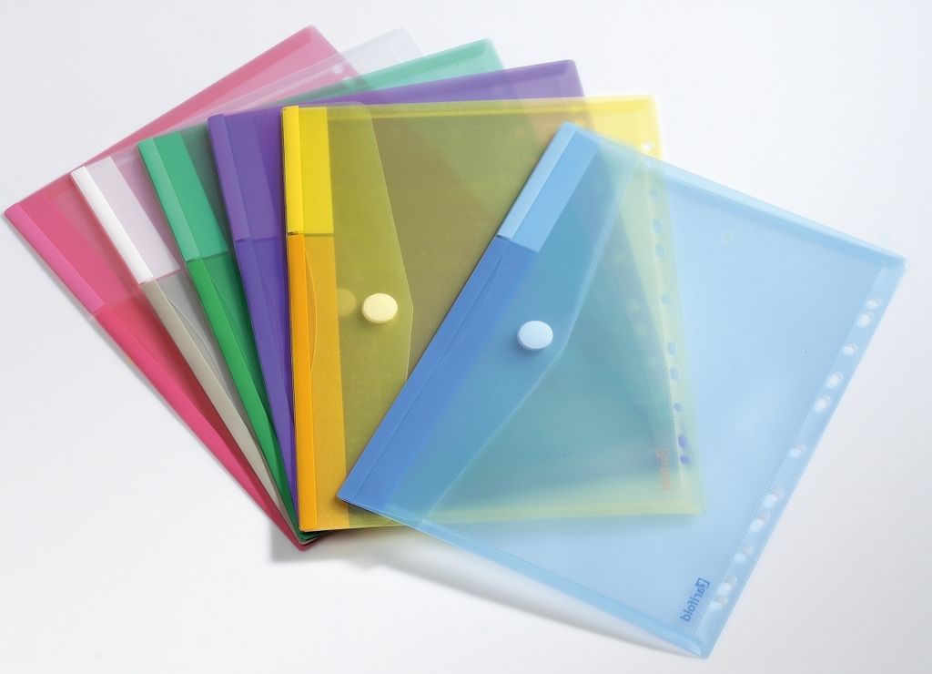 Dokumententasche A4 PP Klettverschluss Universallochung farbig sortiert 12 Stück Packung mit 5 Stück