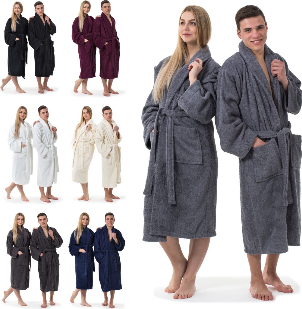 Bademantel Saunamantel mit SCHALKRAGEN UNI Morgenmantel 100% Baumwolle S-XXXL, in Farbe: Anthrazit-Grau, in Größe: M