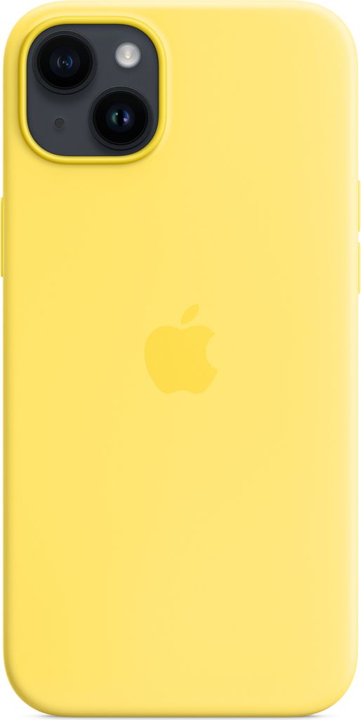 A yellow iPhone 14 Plus case is shown from the back on a white background.