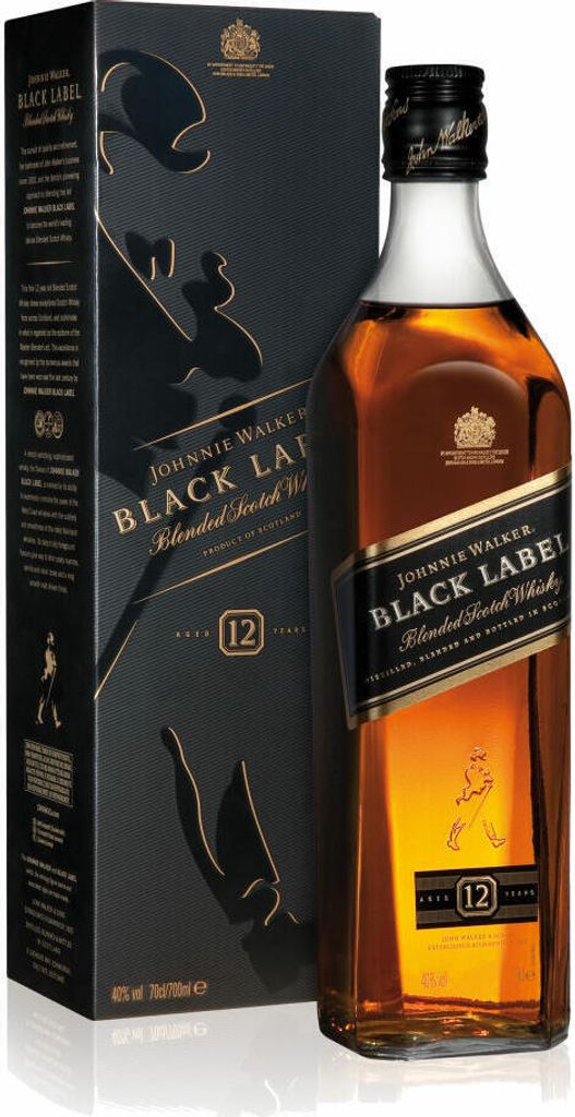 A bottle of Johnnie Walker Black Label Blended Scotch Whisky and its packaging.