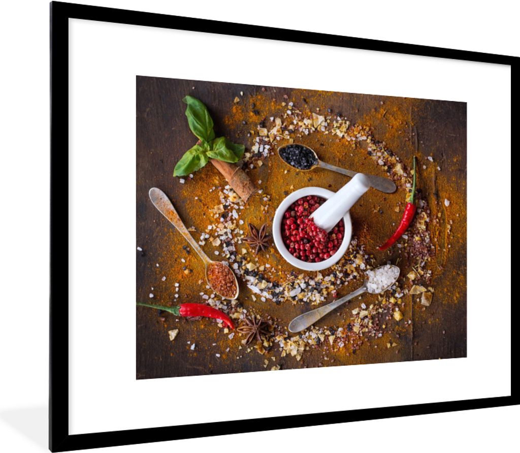 MuchoWow Gerahmtes Poster Mörser - Kräuter - Löffel - Gewürze - Braun - Pfeffer 80x60 cm - Poster mit Schwarzem Bilderrahmen Wandposter Rahme...