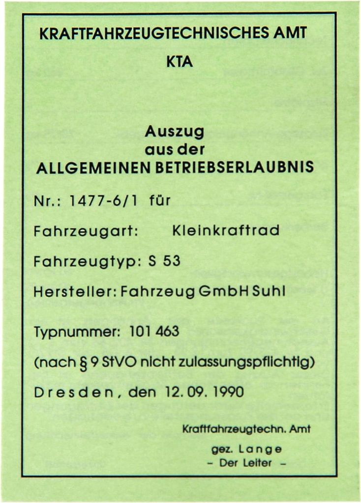 Blanco-Papiere (BTE - für Sammlerzwecke) Simson S53 (bis BJ 1992)