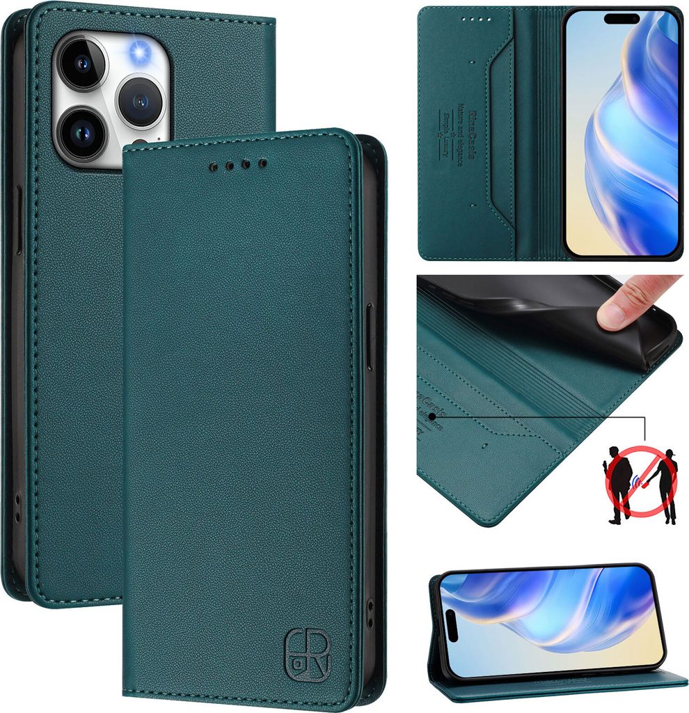 Lederhülle für iPhone 16 Pro Max Hülle Flip Brieftasche Kartenfächern Ständer Schutzhülle Dunkelgrün
