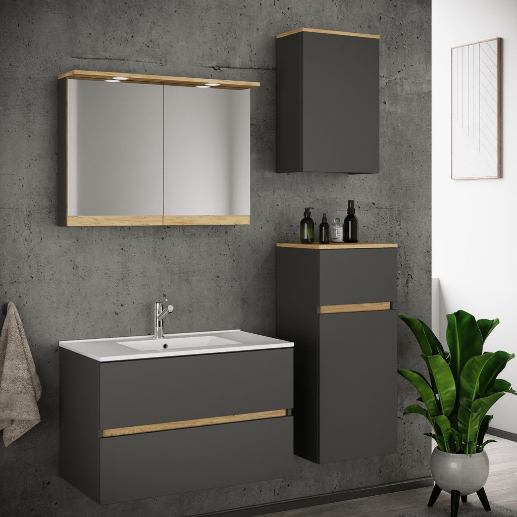 VCM 5-tlg. Waschtisch Set mit Keramikbecken, Badschrank mit 2 Softclose-Schubladen, Midischrank, Hängeschrank, Spiegelschrank mit Beleuchtung und ...