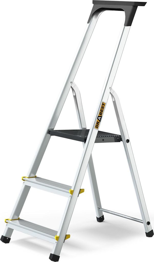A silver step ladder with black and yellow accents, shown against a white background.