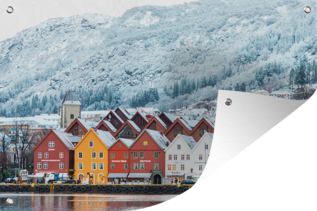 MuchoWow 120x80 cm Outdoor-Poster Gartendeko Sichtschutz Garten Poster für den Garten Bryggen an einem kalten Wintertag