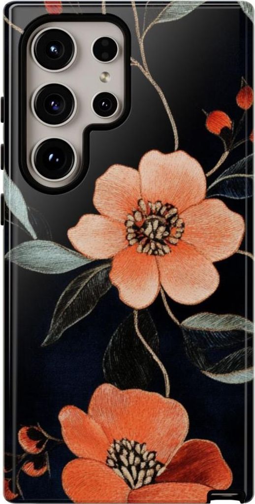 Glänzendes Blumenstickerei-Muster in Orange – Hülle Kompatibel mit Samsung Galaxy S24 Ultra