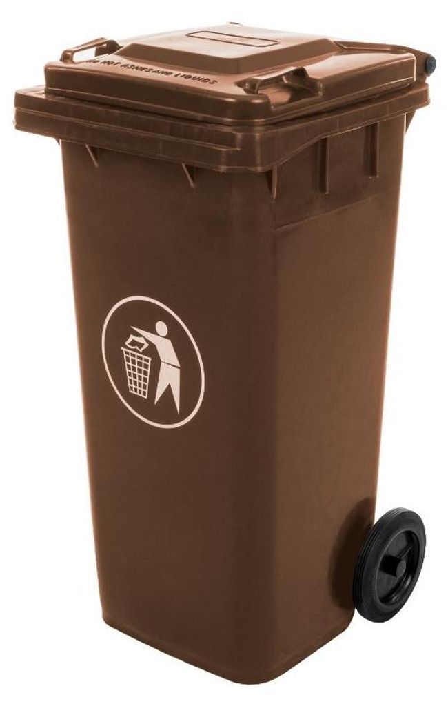 A brown wheeled trash bin shown from a slightly angled front view against a white background.