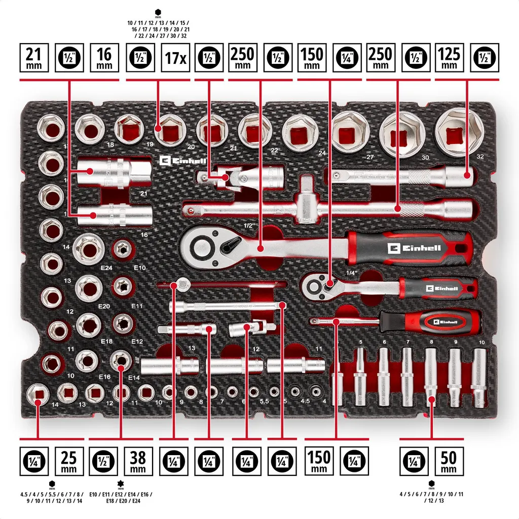 Set Einhell 60 Pezzi con Cricchetti Reversibili e Sistema E-Case - 7