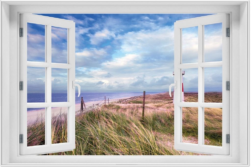 Wallario Wandbild mit Fenster-Illusion: Leuchtturm am Strand von Sylt, Größe: 61 x 91,5 cm, Poster mit weißem Aluminiumrahmen