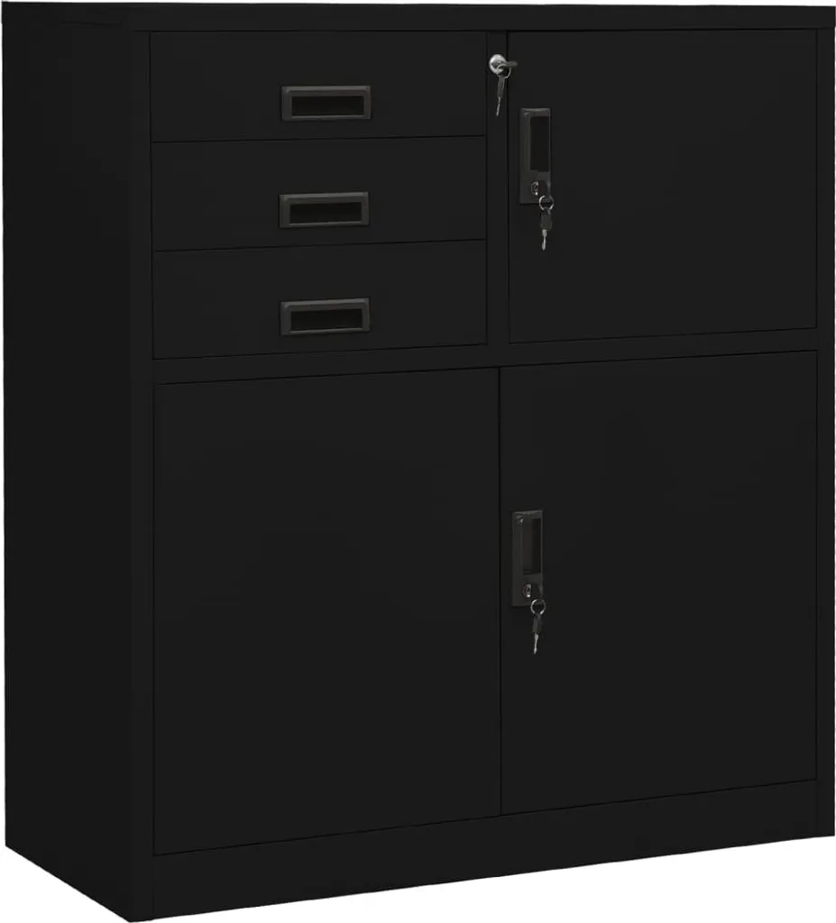 Armoire de Bureau Acier Noir 90x40x102 cm avec Étagères et Serrure