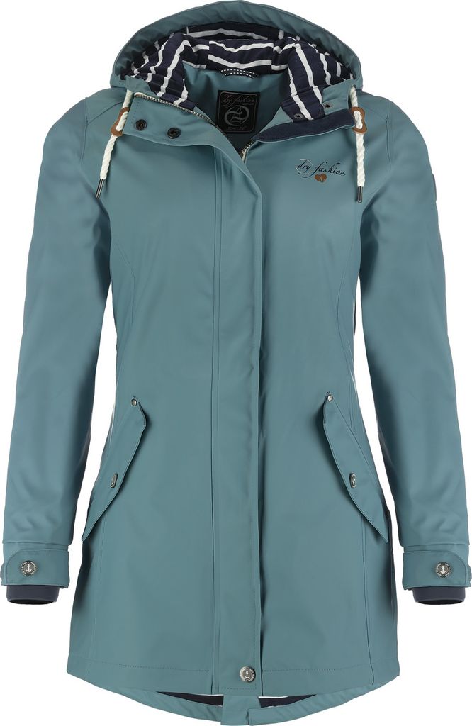 Dry Fashion Damen Regenmantel Kiel - Frauen Regenjacke Damen Jacke mit verstellbarer Kapuze Lang Winddicht Wasserdicht in Petrol Größe 38