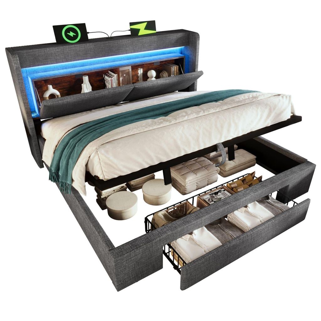 Polsterbett 180x200cm mit hydraulischem Stauraum und Kopfteil mit Aufbewahrungsfach,LED-Beleuchtung sowie USB+USB-C Anschluss,Holzlatten-Bettgestell