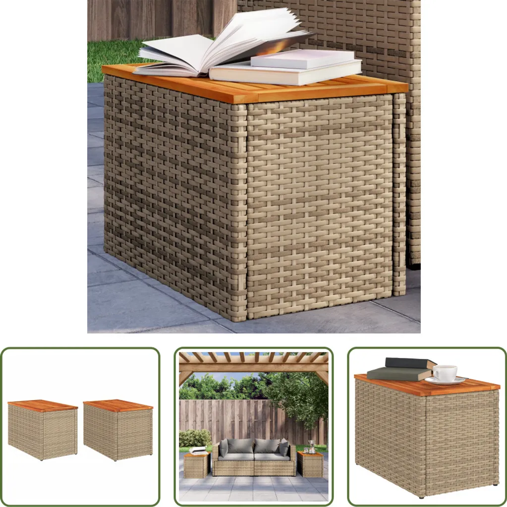 The Living Store Tavolini Giardino 2pz Poli Rattan Beige Legno 55x34x37