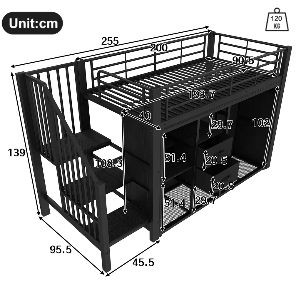 Lit superposé métal noir 90x200cm pour adolescent avec LED et rangements