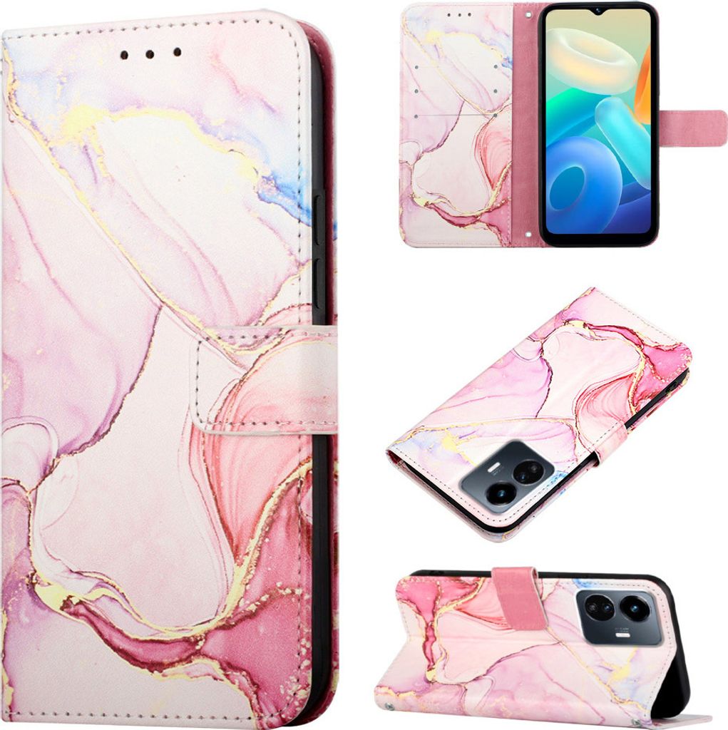 VIVO Y77 5G Hülle, Marmor Motiv Kunstleder Tasche Wallet Kartenfächer mit Standfunktion Klapp Schutzhülle für VIVO Y77 5G Pink Weiß