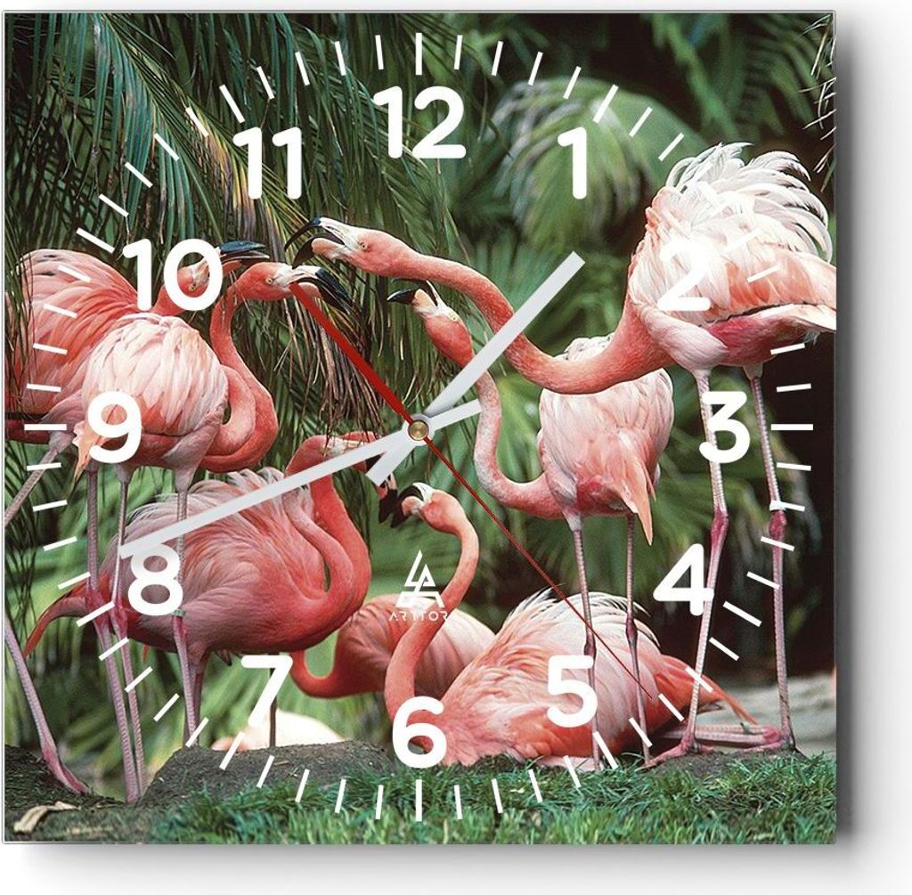 Wanduhr - Quadrat - Glasuhr - Palmen Herde Flamingos - 30x30cm - Schleichendes Uhrwerk - Lautlos - zum Aufhängen bereit - Dekoration Modern - Wand...