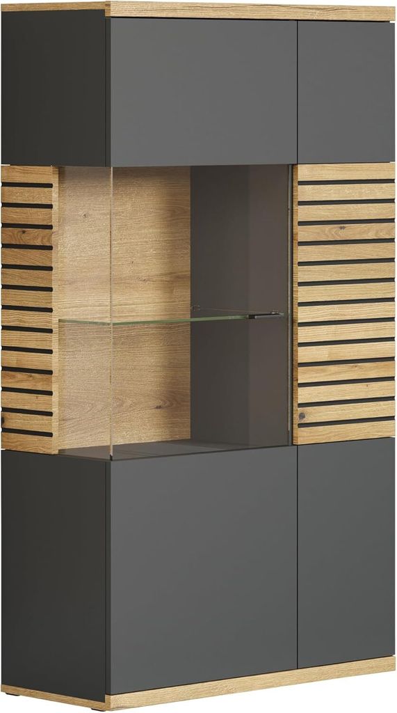 Norris WO:Ko.+Fr.Anthrazit Melamin/ Evoke Oak NB mit schwarzen Rillen,Highboard