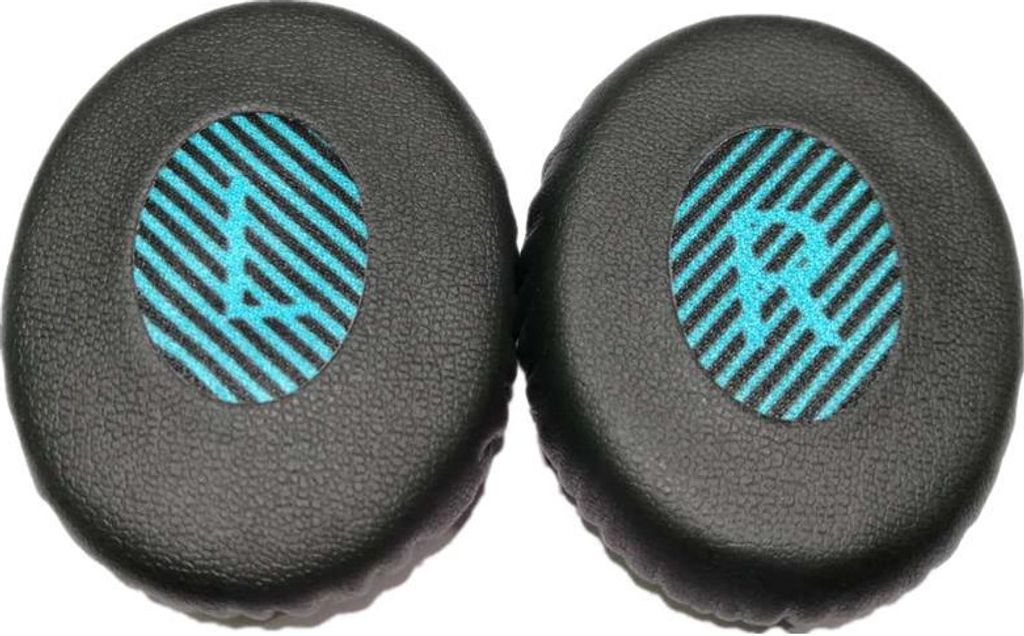 A pair of black ear pads with blue and black striped inserts, each showing a letter 'L' and 'R' respectively.