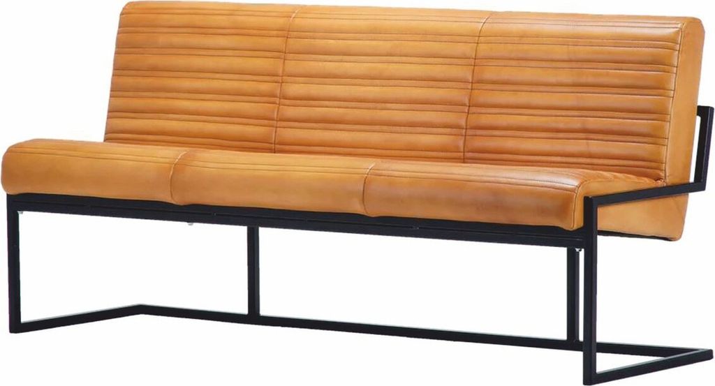Casa Padrino Luxus Echtleder Sitzbank Hellbraun / Schwarz 200 cm - Echtleder Möbel