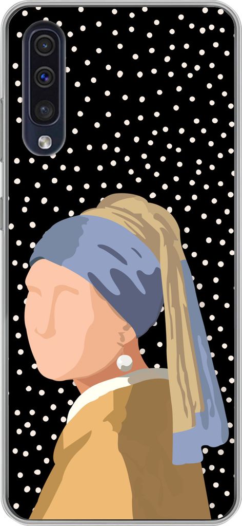MuchoWow Handyhülle Schutzhülle Hülle für Telefoonhoesje Samsung Galaxy A50 Alte Meister - Mädchen mit Perlenohrring - Tupfen - Schwarz Sili...