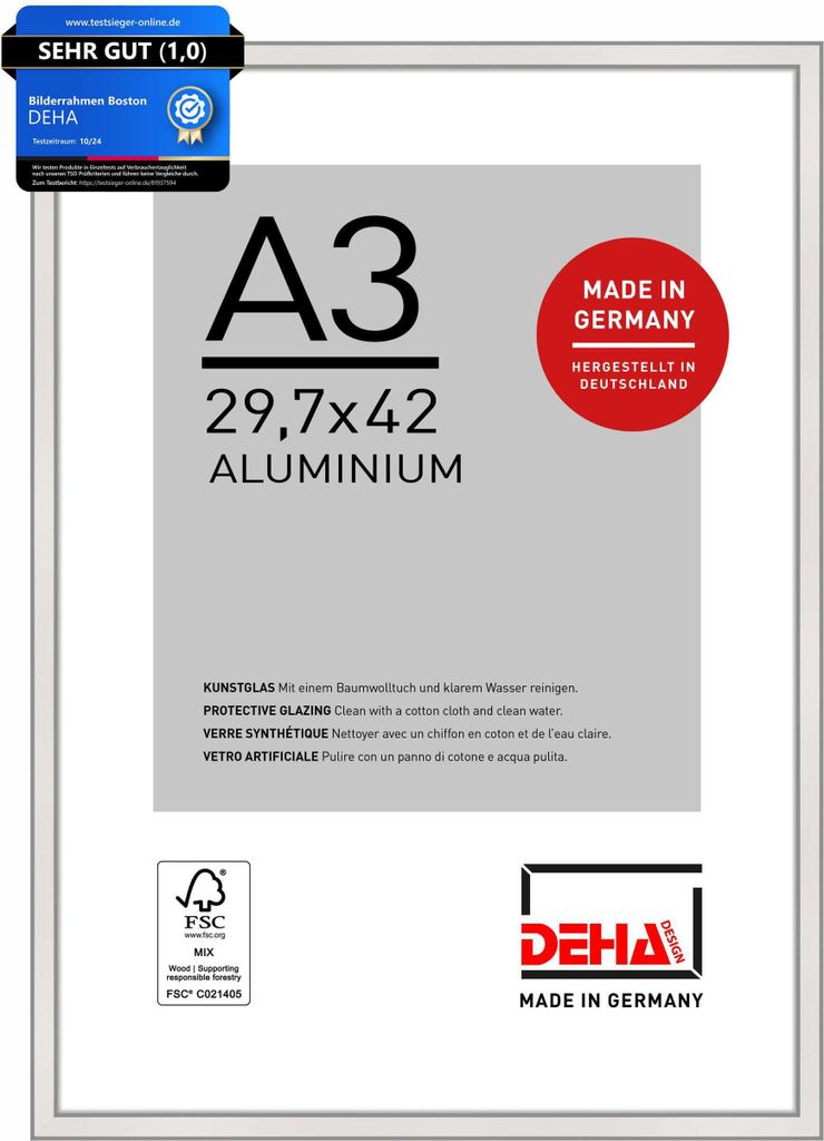 A silver DEHA Design Aluminium Bilderrahmen Boston frame with product information and branding.