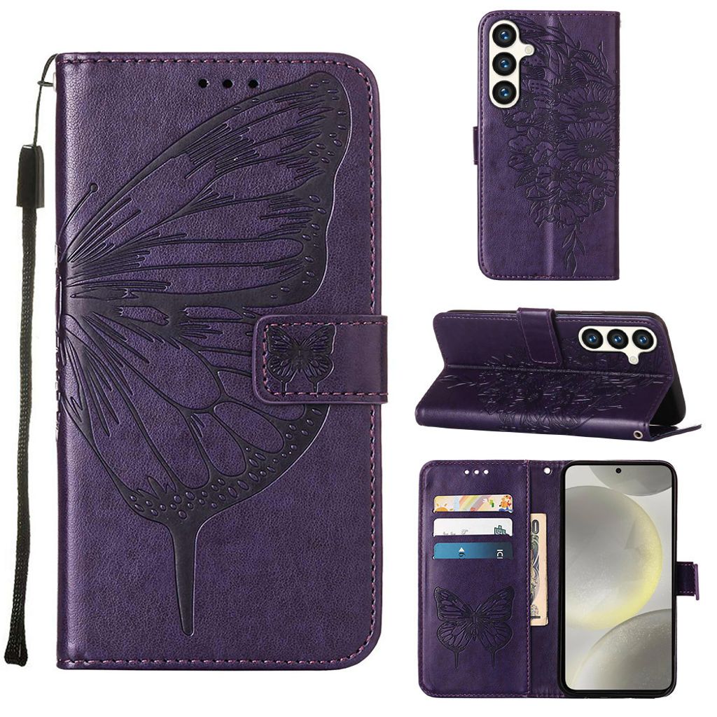 Galaxy S25+ Hülle, Schmetterling Prägung Leder Kartenfächer Schutzhülle mit Ständer für Samsung Galaxy S25+ Lila