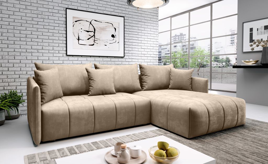 FURMEB24 - DON 245 x 180 cm Sofa mit Schlaffunktion und zwei Bettk€sten - Ecksofa mit Kissen , Stoff Monoliht - BEIGE