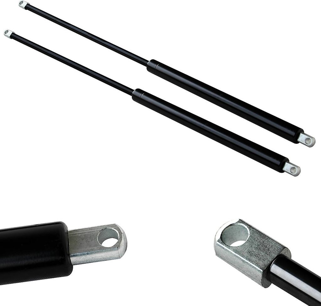 Two black gas struts are shown against a white background, with close-up views of their ends.