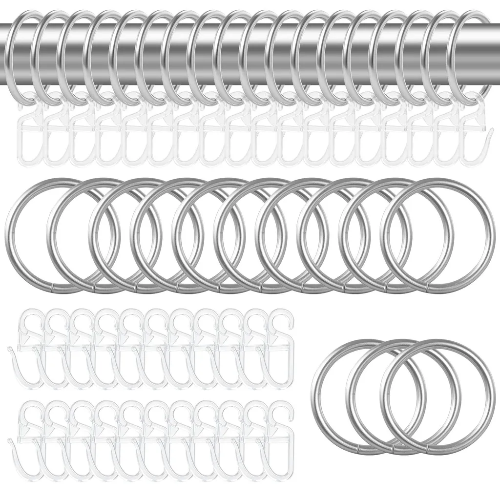 Kit Anneaux et Crochets pour Rideaux de Douche et Fenêtres en Inox Argent