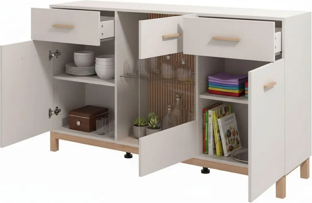 Buffet de Rangement Salon Nereto, Meuble Blanc Crème 154 cm de Long
