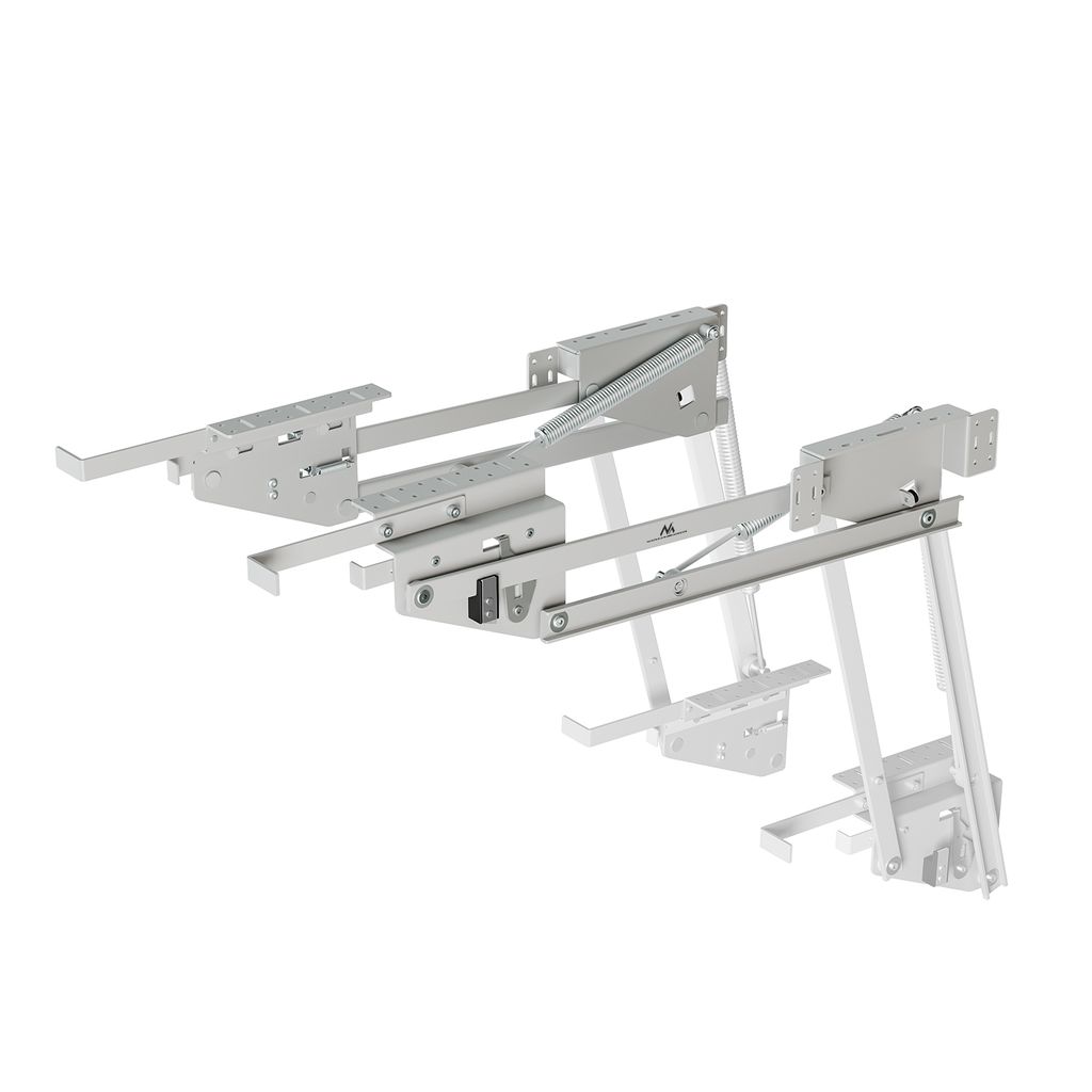 A close-up shot of a silver-colored metal sliding shelf mechanism against a white background.