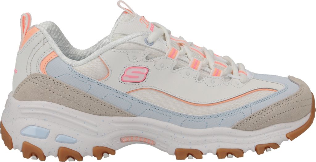 A side view of a white Skechers sneaker with pink, blue, and tan accents.
