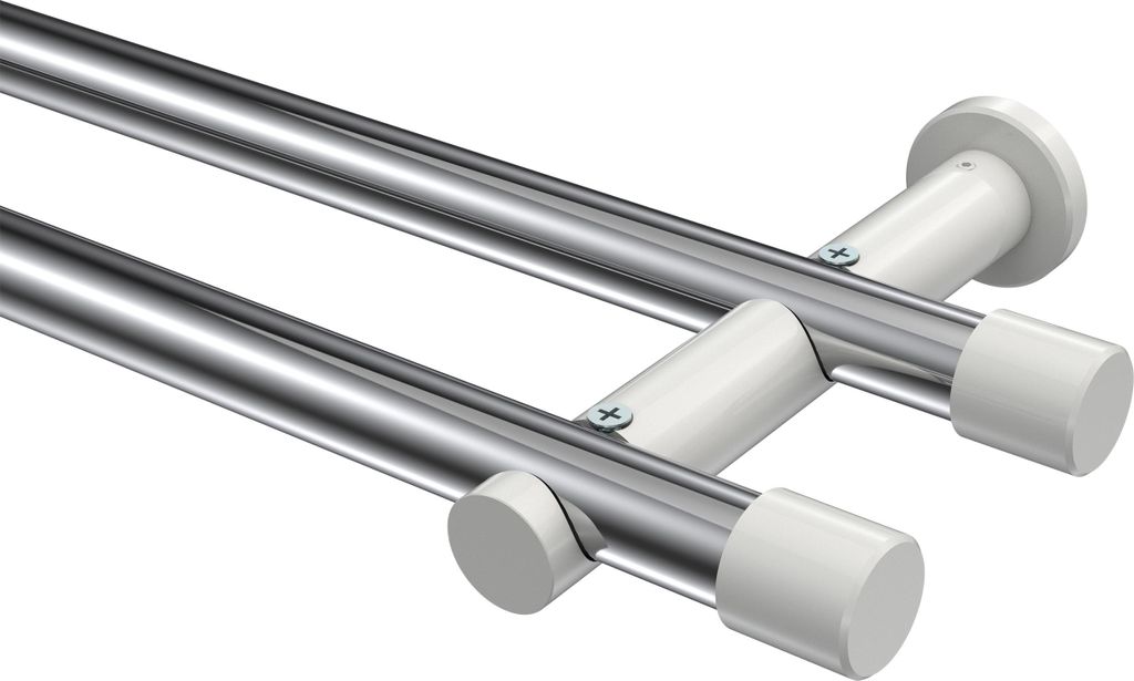 Interdeco Gardinenstange / Vorhangstange Chrom / Weiß, Typ Platon Santo (Kappe) ohne Ringe, 20 mm Ø 2-läufig, 140 cm
