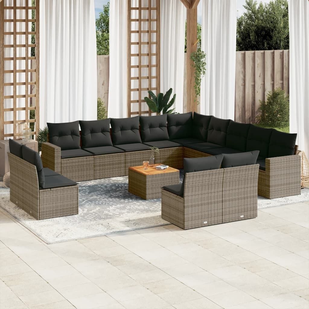 Design 14-tlg. Garten-Sofagarnitur mit Kissen Grau Poly Rattan, Gartenmöbel-Sets 2024 Neu