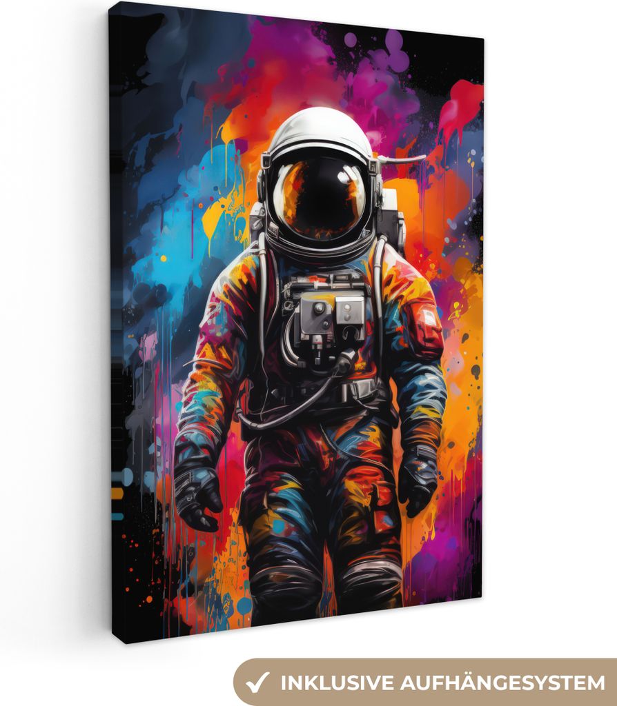 Leinwandbilder 60x90 cm - Graffiti - Astronaut - Schwarz - Farben, Bilder Wohnzimmer Modern, Wanddeko