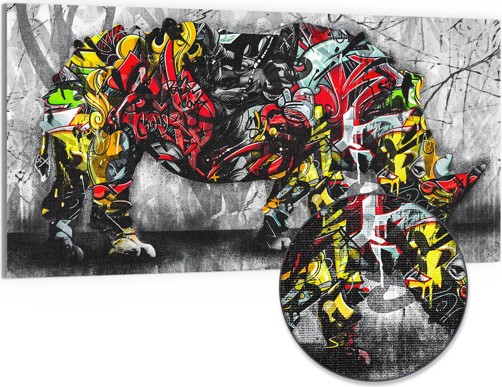 DEQOART Hybrid Leinwand Bild 100x50 cm 'Graffiti-Nashorn' Wandbild Glas flach modern
