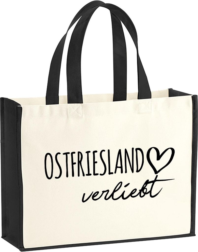 Huuraa Jutetasche Ostfriesland verliebt 21 Liter Black Jute und Baumwolle Einkaufstasche Geschenkidee