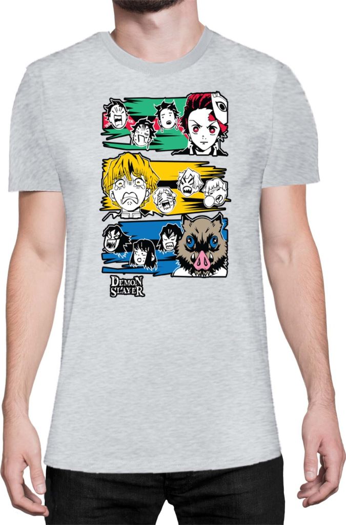 Herren T-Shirt Demon Anime Slayer Kimetsu No Yaiba Tanjiro Zenitsu Inosuke 001, Man 2XL / Grau