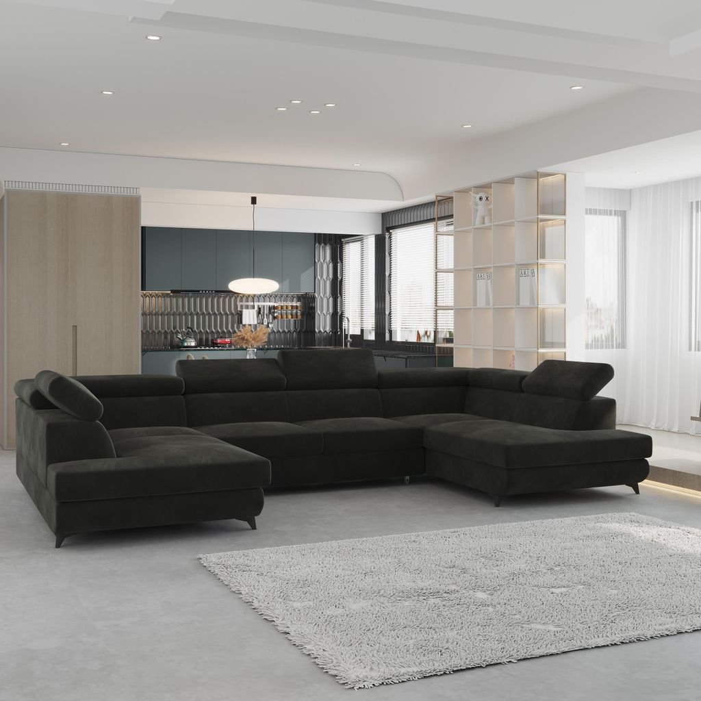 Masseno Ecksofa VINTESSA mit Schlaffunktion U-Form, Sofa mit Bettkasten, Wohnzimmersofa, Couch, Soffa, Bettsofa, Couchgarnitur- Schwarz, MONOLITH 95