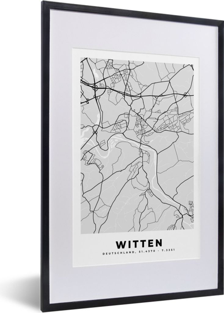 MuchoWow Gerahmtes Poster Stadtplan - Deutschland - Witten - Karte 40x60 cm - Poster mit Schwarzem Bilderrahmen Wandposter Rahmen Foto Bilder - P...
