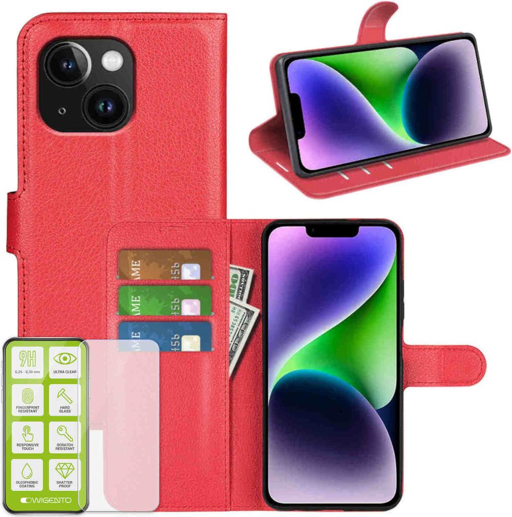 Für Apple iPhone 15 Plus Handy Tasche Rot Etuis Kunst-Leder Hülle Case + H9 Hart Glas