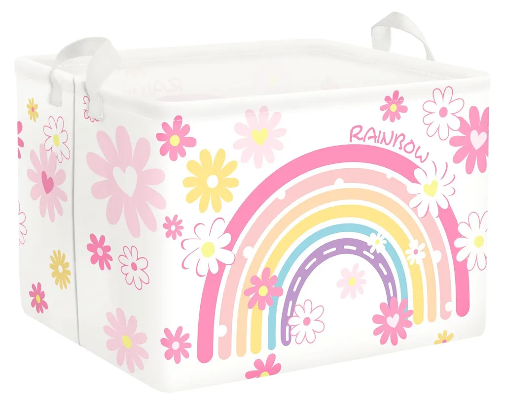 Panier à linge rose arc-en-ciel avec poignées - Rangement gain de place