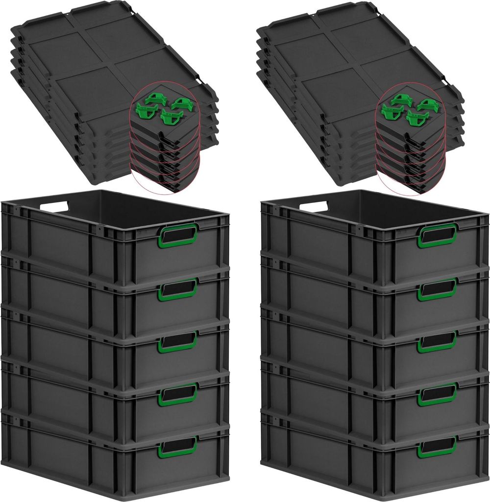 SparSet 10x Eurobox NextGen Color mit Auflagedeckel und Schiebeschnappverschlüsse | HxBxT 17x40x60cm | 34 Liter | Schwarz | Griffe grün offen | E...